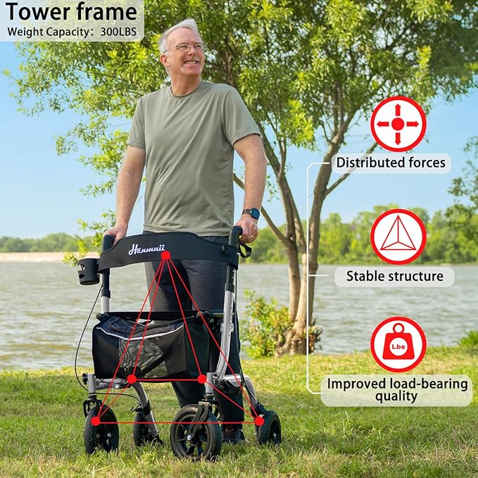 Rollator Walker for Seniors, Lightweight Foldable All Terrain Rolling Walker with seat, Aluminum Walkers with 10 inch Rubber Wheels, Handles and Backrest for Seniors and Adult