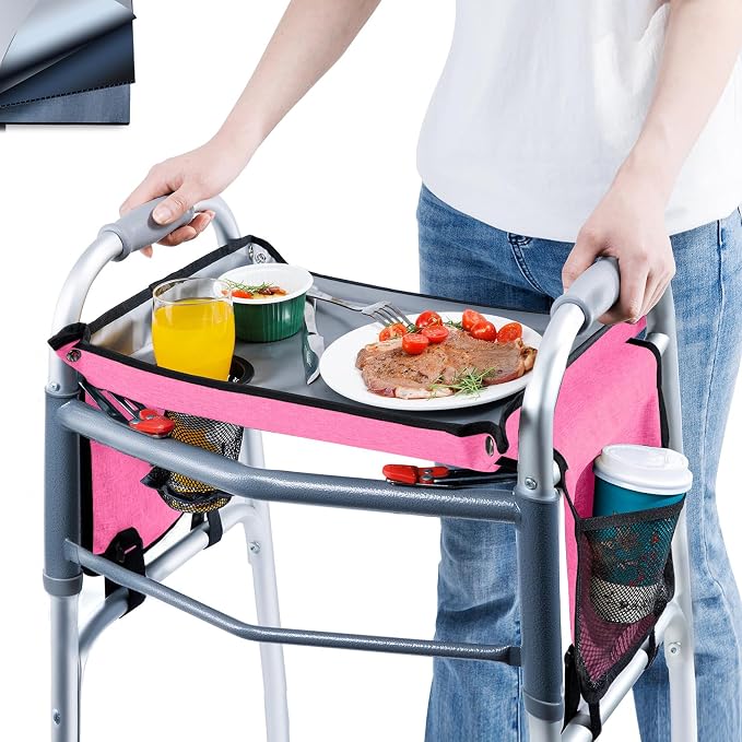 BAGSFY Walker Tray with Cup Holder & Side Pocket – Hard Top Walker Table for Seniors – Folding Walker Accessory for Meals, Reading, Drinks – Non-Slip Surface, Tool-Free Install, Universal Fit