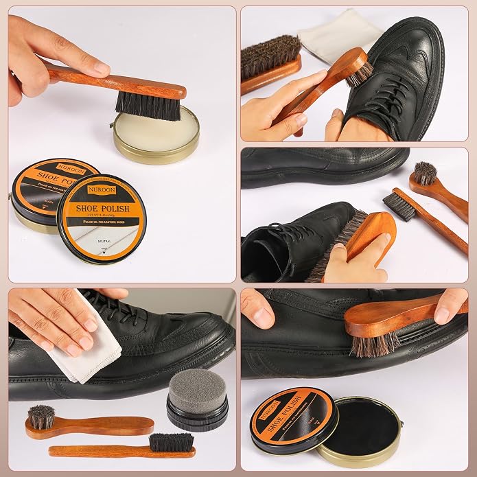 13Pcs Shoe Care Kit for Men & Women,3 Horsehair Shoe Polish Brush,Black Brown Neutral Mink Oil for Shoes,Care for Leather Boots, Shoe Cleaning Kit as Gift for Men with Shine Sponges & Care Cloth | 1.4oz Black Brown White Shoes Wax, 1.7oz Mink Oil, Hors...