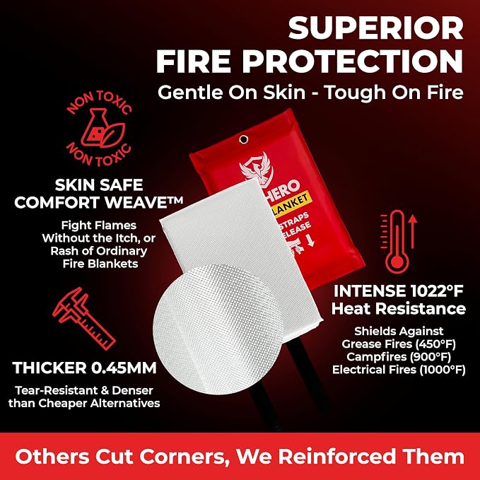 Emergency Fire Blanket – 2 Pack, Triple Certified, Comfort Weave Skin-Safe Fiberglass, Fire Blankets for Kitchen, Home & Outdoor Use. Multipack Safety for RV, Car, Camping, Preparedness Kits