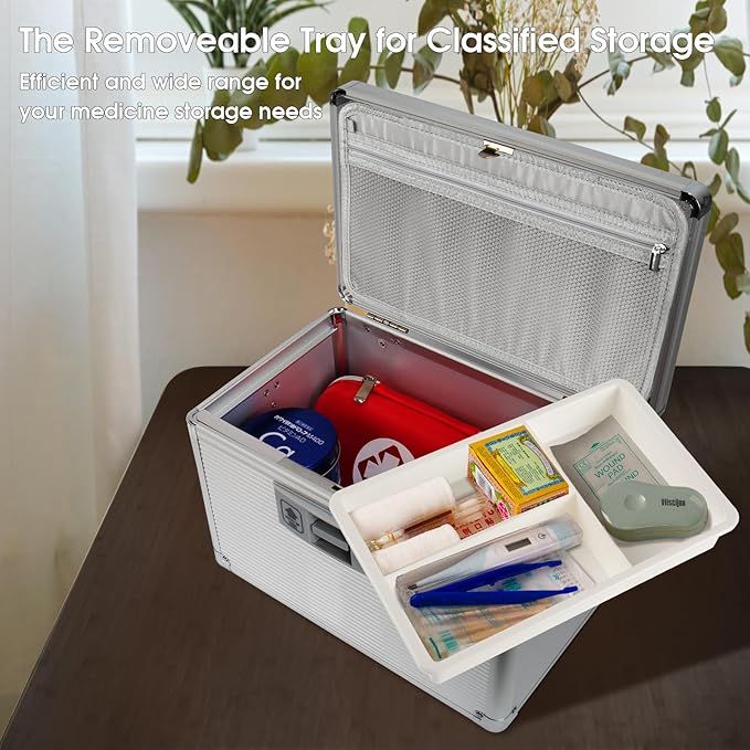 Medicine Lock Box with Key, Alluminum Alloy Box for Medication,First Aid Box with a Removeable Tray to Store Medicines & Pills for Home, Silver 12 * 7.68 * 7.87 Inch