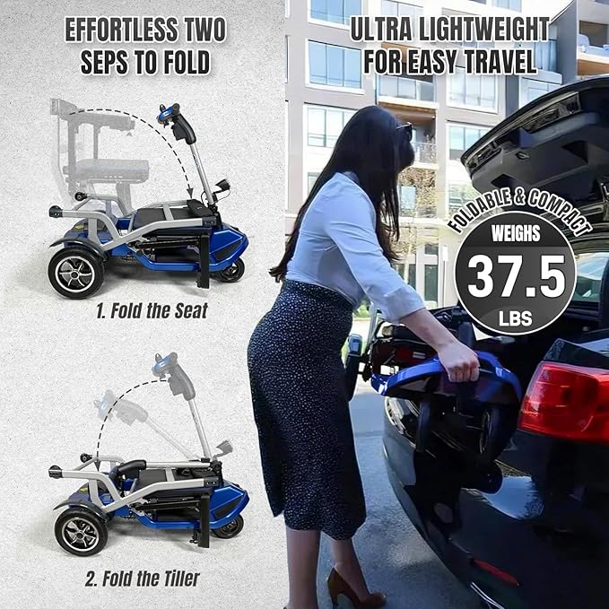 R3b-Mobility Scooters for Seniors Adults Ultra Lightweight 37.5 Ibs Electric Powered Folding 4 Wheel Mobility Scooter with Cup Holder, Compact & Convenient for Travel Airline Approved, Blue