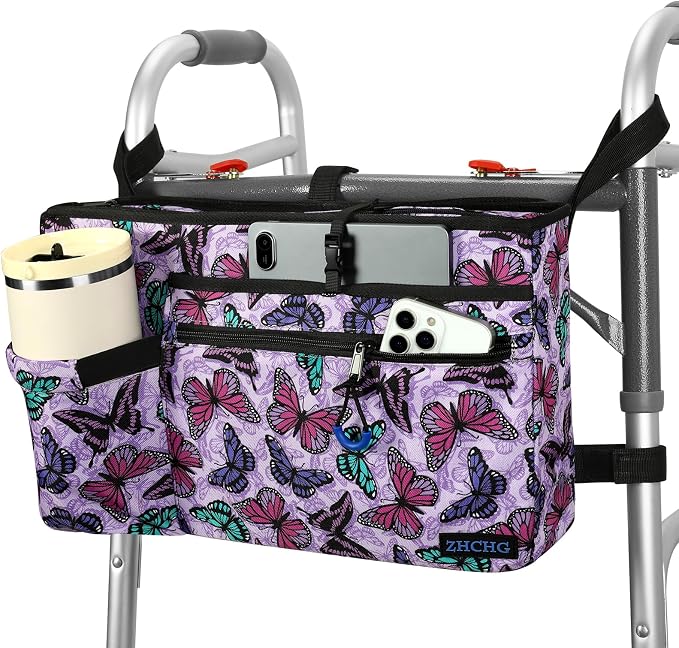 ZHCHG Walker Bag with Cup Holder, Walker Accessories for Seniors Detachable, Foldable Walker Basket with Big Capacity, Best Gift- Purple (Not Fit Rollator Walkers)