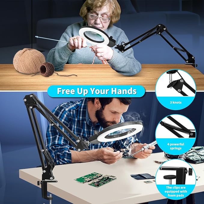 KIRKAS 12X Magnifying Glass with Light, Any Color Modes & Stepless Dimming LED Magnifying Lamp with Clamp, Hands Free Lighted Magnifier Glass Lens for Crafts Hobby Reading Painting Close Work