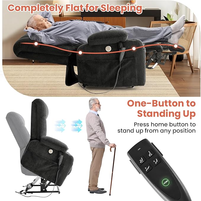 Dual Motor Power Lift Recliner Chair for Elderly, Infinite Position Lift Chair for Elderly W/Massage & Heat, Lay Flat Lift Recliner With Cup Holders, One-Touch Reset, Lumbar Pillow, Fabric (Grey)