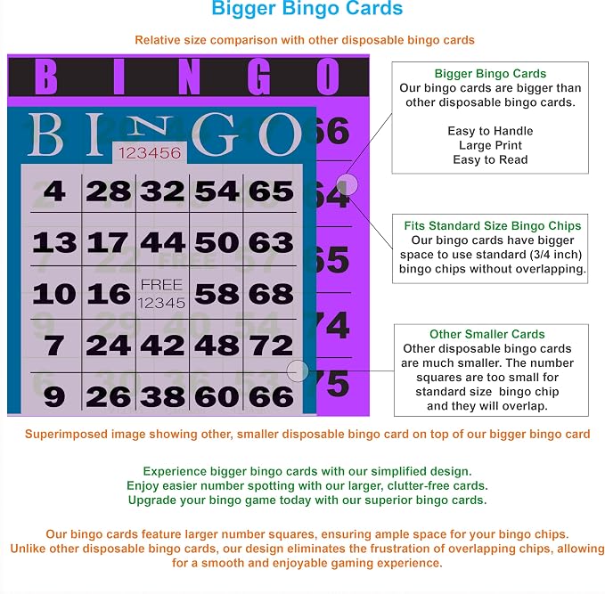 100 Bingo Cards, Large 4.5 x 4.5 Inch, Purple, Paper Bingo Sheets | 8 Color Options, Premium Cardstock, Disposable with Daubers or Reusable with Chips — Proudly Made in USA