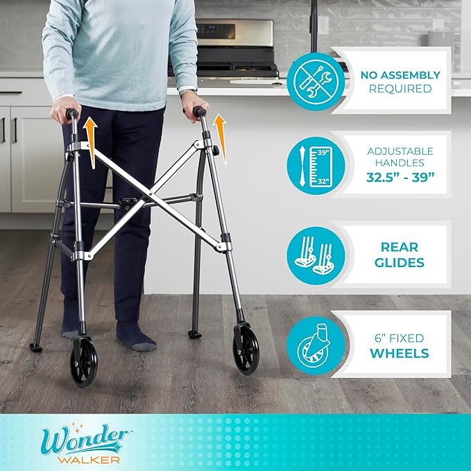 Stander Space Saver Walker, Lightweight Folding Rolling Mobility Aid for Seniors & Adults, Compact 2-Wheel Disability Device with 6-inch Wheels & Ski Glides for Walking Support, Vivid White