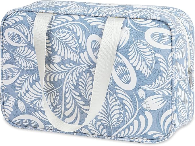 Narwey Full Size Toiletry Bag Women Large Cosmetic Bag Travel Makeup Bag Organizer Medicine Bag for Toiletries Essentials Accessories (Large, Blue Leaf)