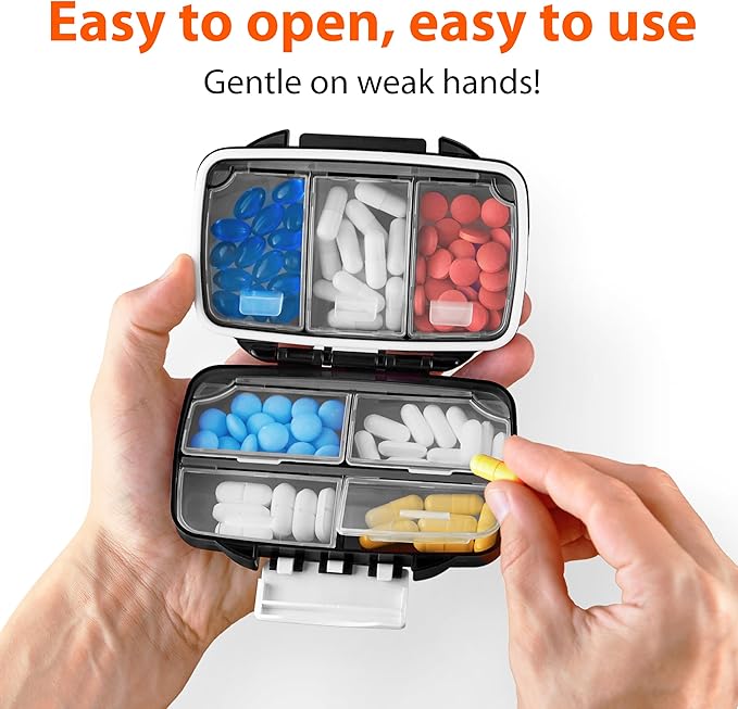 Travel Pill Organizer - Moisture Proof Portable Vitamin Holder with 7 Compartments, Compact Supplement Case for Purse Essential Medicine Kit fot Traveling Pocket Pharmacy with Labels, Black