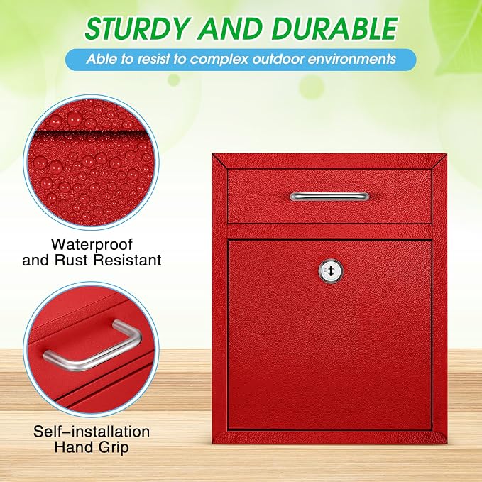 Yaocom Locking Mailbox with Key for Outdoor 10 x 7 x 3 Inches Small Wall Mount Mail Box with Lock Security Mail Drop Metal Collection Boxes Hanging Secure Postbox(Red)
