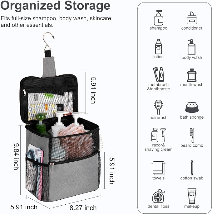 Mesh Shower Caddy Hanging for College Dorm Essentials Grey | Portable Bathroom Caddy Organizer Shower Tote Bag with Built-in Hook for Beach, Swimming, Gym camping