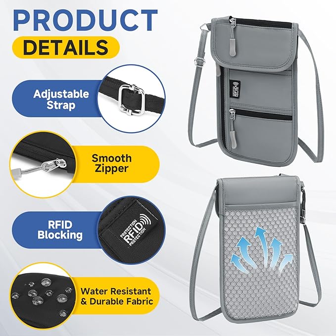 RFID Blocking Passport Holder for Travel Neck Wallet with Adjustable Lanyard 6 Compartments Pouches Passport Wallet for Family (Black)