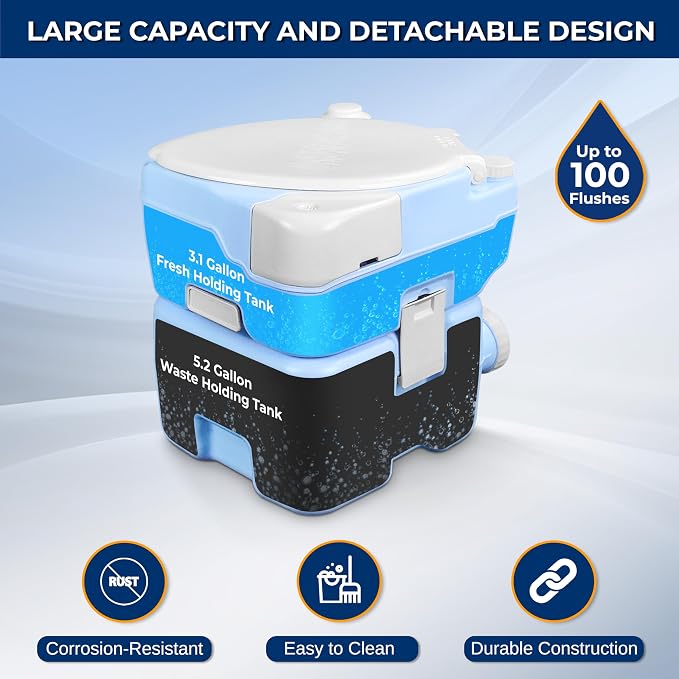 SereneLife 5.3 Gal Portable Toilet with Extra Large Seat, Moonwhite | 20L Waste Tank, 12L Fresh Water Capacity, 100+ flushes, hand sprayer & phone holder for camping, RVs, boating & emergency use