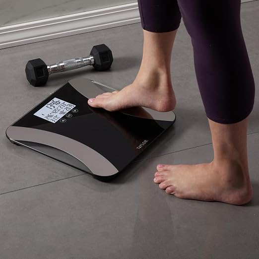 Taylor Digital Glass Body Composition Scale, Bathroom Scale for Body Weight, Measures Body Fat, Body Water, and Muscle Mass, Athlete Mode, 8-User Recognition, 500 lb Capacity, Black