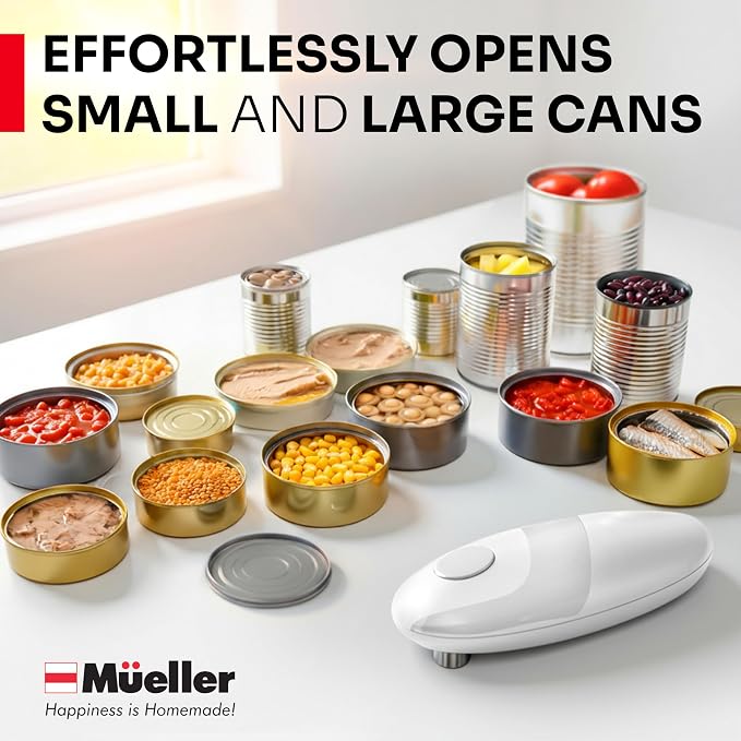 MUELLER HOME SmoothEdge Auto Electric Can Opener – Battery‑Operated One‑Touch w Magnet Lid Lifter, Smooth‑Edge Cut Technology – Portable Hands‑Free Automatic Can Opener for Seniors & Arthritis, White | Battery-Operated, One-Touch w Magnet Lid Lifter, S...
