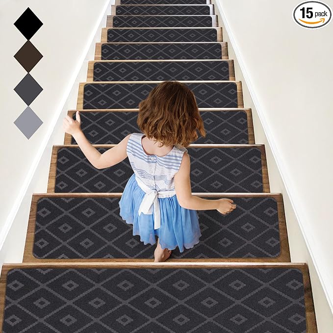 RIOLAND Non-Slip Carpet Stair Treads for Wooden Steps, 15 Pack Indoor Stair Runner with Reusable Adhesive Modern Anti Moving Safety Stair Rugs for Kids Dogs & Elders, 8" X 30", Rhombus Gray
