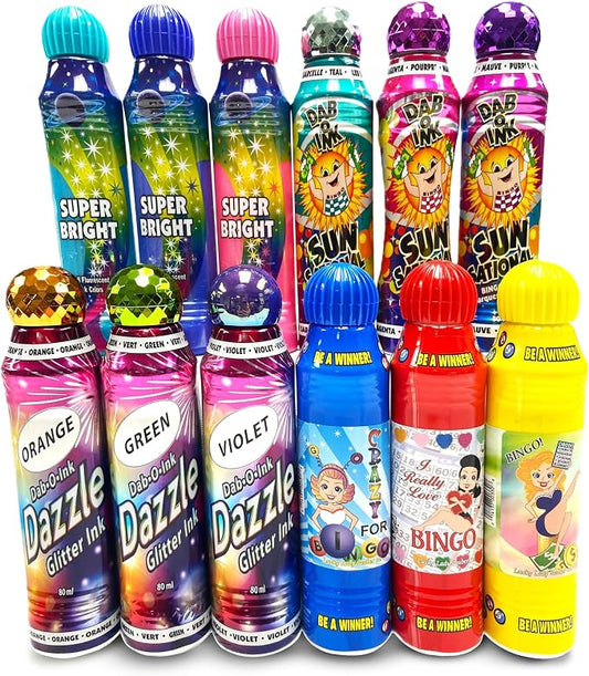 Dab O Ink, Sunsational, Dab O Ink Dazzle and Super Bright Bingo Daubers Bulk 3 oz. 12-Pack - Special Variety Pack of Colors, Styles - Bingo Markers for Adults
