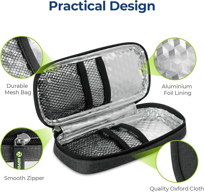 AUVON Insulin Cooler Travel Case, Diabete Care, 2x90g TSA-Approved Ice Pack | Diabetic Medication Insulated Cooling Bag for 2 Insulin Pens and Diabetic Supplies Storage, Compact for Daily Life and Trips
