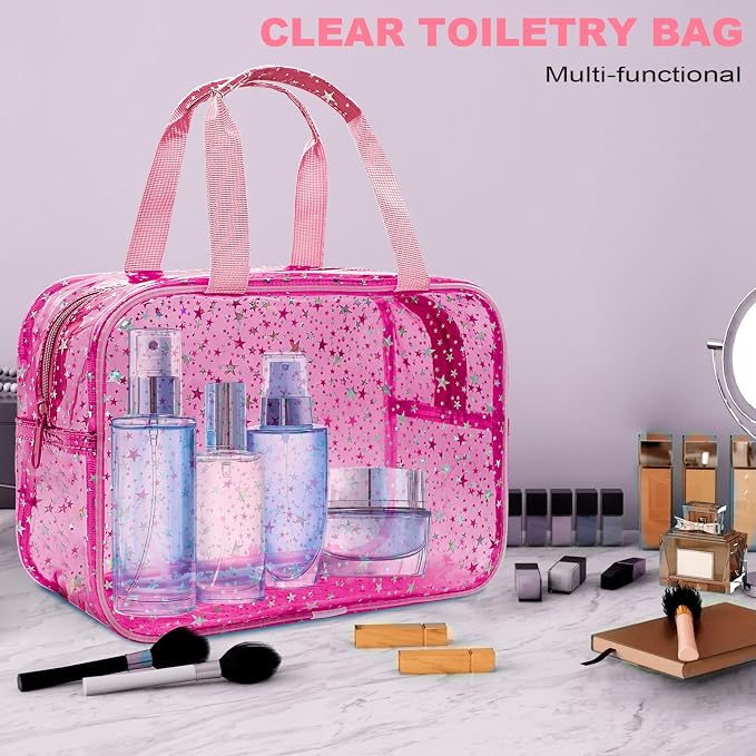 Clear Red Star Large Makeup Bag with Star Pattern 12x5x8 inch, Travel Cosmetic Bag with Handle, Durable PVC Material Washbag Zipper Opening Design for Makeup Travel Organizer or Gym Use