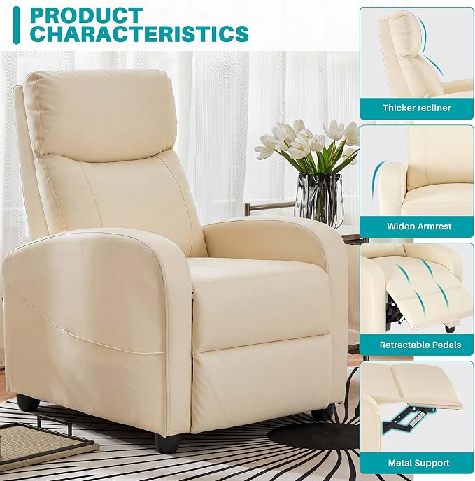 Sweetcrispy Recliner Chair Fabric Recliner Sofa No Massage, Home Theater Seating with Lumbar Support, Adjustable Push Back Overstuffed High-Density Sponge Reclining for Living Room, Beige