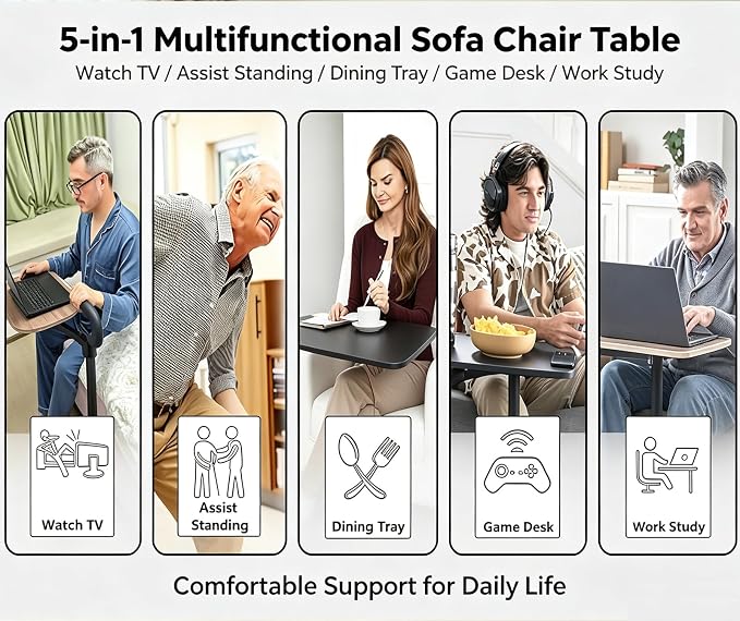 Adjustable Swivel Tray Table for Recliner, 360° Rotating TV Tray Table with Support Handle, Built-in Cup Holder & Metal Pen Holder, Height Adjustable Overbed Side Table for Seniors, Sofa, Bed, Eating, Working