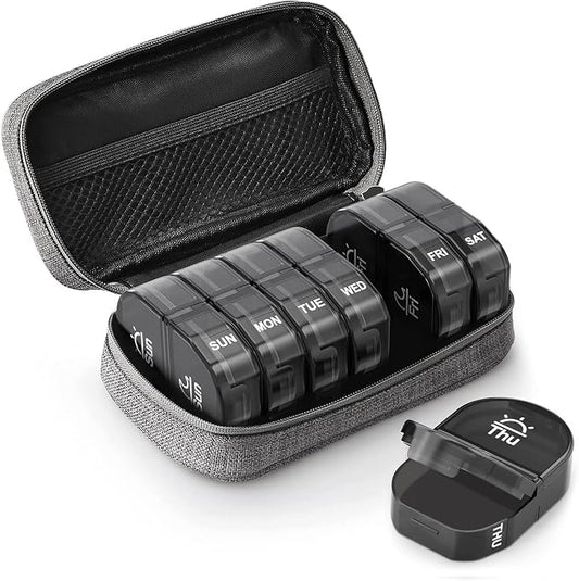 AUVON Canvas Bag Travel Pill Organizer 2 Times a Day, Large AM/PM Weekly Pill Box 7 Day Pill Case with Portable Gray Zipper Cloth Bag for Holding Supplements, Vitamins and Fish Oils