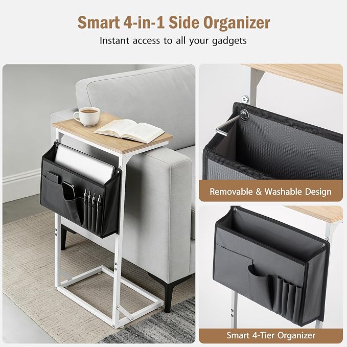 C Shaped End Table for Couch, Small Side Table for Living Room & Bedroom, Slide Under Sofa Table for Laptop, Coffee, Snacks, Easy Assembly, Modern Design