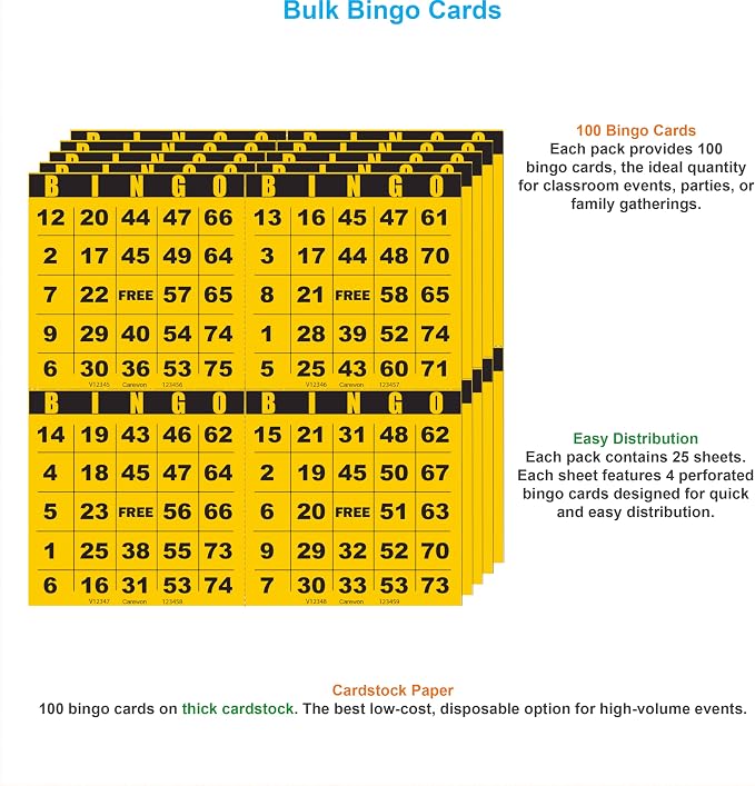100 Bingo Cards, Large 4.5 x 4.5 Inch, Yellow, Paper Bingo Sheets | 8 Color Options, Premium Cardstock, Disposable with Daubers or Reusable with Chips — Proudly Made in USA