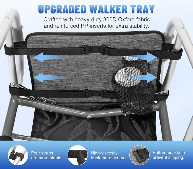 Rhino Valley Walker Tray for Folding Walker,Tray for Walker with Cup Holder | Tray for Walkers with Non-Slip Mat for Food, 3 Front Pockets & 3 Cup Holders, Walker Accessories for Senior, Gray
