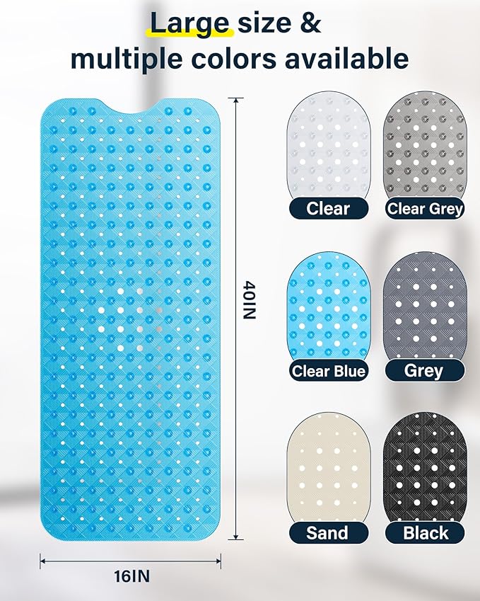 Non Slip Bathtub Mat for Tub & Shower, Machine Washable 40"x16" Anti Slip Bath Mat with 2 Hooks, Soft & Comfortable and Extra Largefor Families, Clear Blue