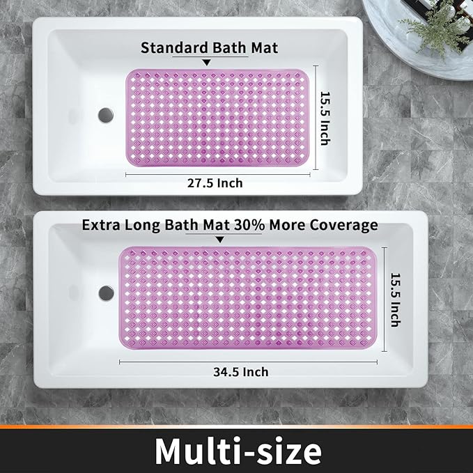 Yimobra Non Slip Bath Mat, Super Strong Suction Cups,34.5"x15.5"Long Tub Mat with Drain Holes, Machine Washable Fast Draining Shower Mats, Bathroom Essentials,Clear Purple