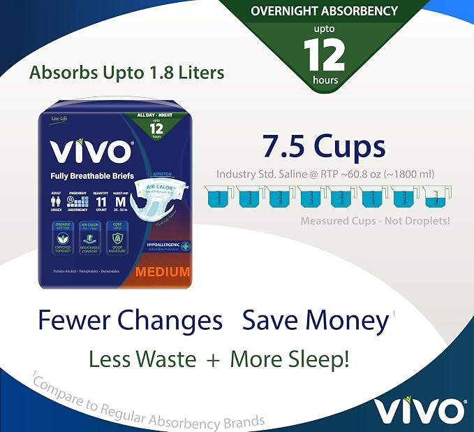 VIVO Organic Cotton Overnight Sensitive Skin Adult Incontinence Diaper Briefs with Tabs, Medium 44 Count