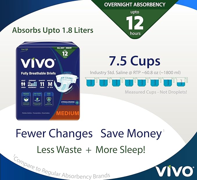 VIVO Organic Cotton Overnight Sensitive Skin Adult Incontinence Diaper Briefs with Tabs, Medium 44 Count