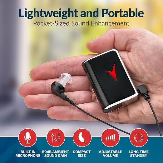 Personal Sound Amplifier - Audio Hearing Amplifier Device and Voice Enhancer Device for Sound Gain of 50dB, Up to 100 Feet Away, Pocket Hearing Devices