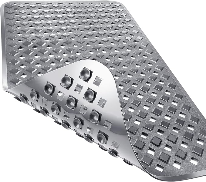 Yimobra Bathtub Mat Non Slip, Super Strong Suction Cups, 27.5"x15.5" Long Shower Mat with Drain Holes, Machine Washable Fast Draining Bath Mats, Bathroom Essentials,Gray