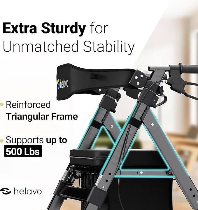 Helavo Bariatric Walker with Large, Height-Adjustable Seat, 500 lbs Weight Capacity, All Terrain 8-inch Wheels, 28-inch Wide - Extra Wide Heavy Duty Rollator for Seniors