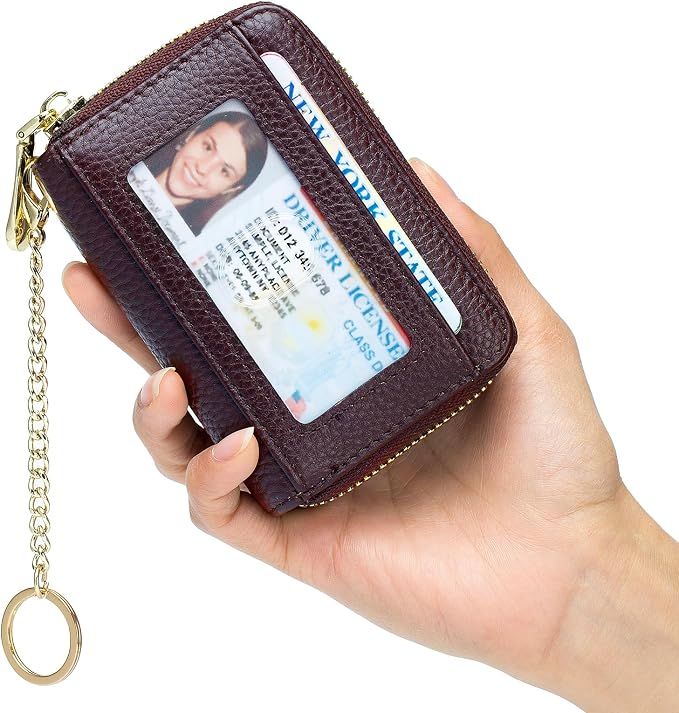 imeetu RFID Credit Card Holder, Small Card Wallet Women, Leather Card Case | Genuine Leather Women's Card & id Cases, Change Coin Purse with Zipper Keychain id Window, 20 Colors & 3 Styles, Daily, Gifts