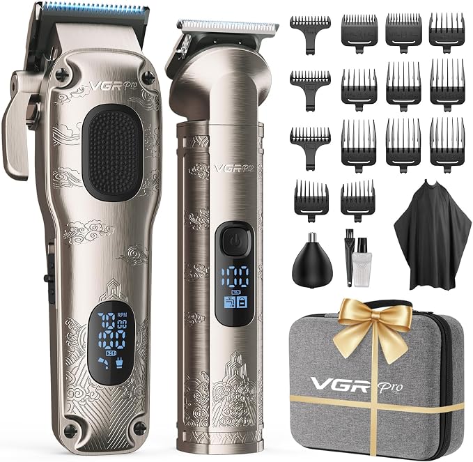 VGRPRO Hair Clippers for Men Professional, Cordless Clipper and Trimmer Set | 7000RPM Grooming Kit with EVA Case, LED display, 14 Guide Combs (including Right & Left Ear Taper Combs), Nose Trimmer Head