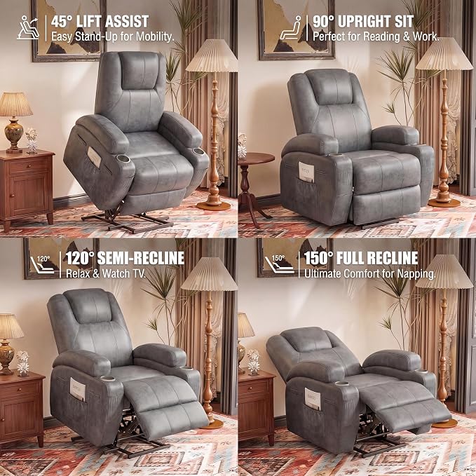 Flamaker Power Lift Recliner Chair Electric Lift Recliner for Elderly | Power Lift Recliner Chair with Cup Holders Side Pockets for Living Room (Leathaire, Light Gray)