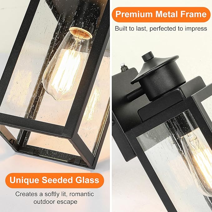 2-Pack Dusk to Dawn Outdoor Wall Lights, Black Modern Porch Lights | Auto ON/OFF, Waterproof, Rust-Resistant, Durable Metal & Seeded Glass, Easy to Install, Ideal for Front Door, Garage