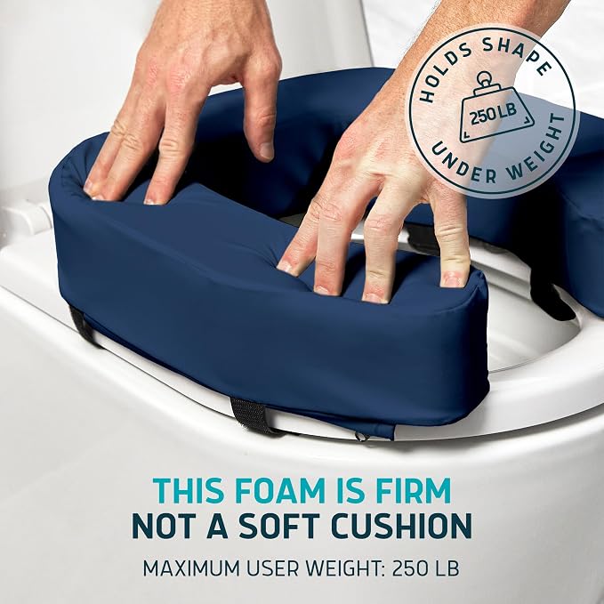 Lunderg Padded Toilet Seat Riser for Seniors - Adds 3 inches. Universal Fit | FIRM Raised Toilet Seat Cushion with High-Density Foam for Enhanced Comfort & Elevation. Post-Surgery Must have (Blue)