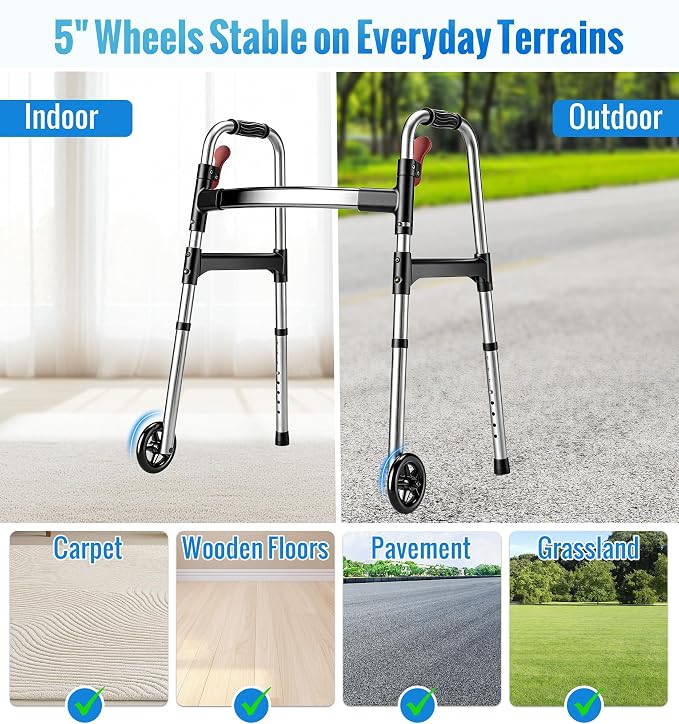 Walkers for Seniors, One-Hand Folding, 8 Height Adjustments, Walkers with Wheels, 2 Skis and 5" Wheels, Lightweight Walker for Seniors, Standard Walkers for Seniors, Aluminum Frame, Silver