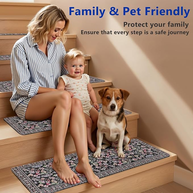 Vintage Floral Stair Treads Non Slip Carpet Stair Treads for Wooden Steps Indoor 15PCS 30"x8" Stair Runner Stair Mats Safety Staircase Step Treads for Elders Kids Dogs Light Black