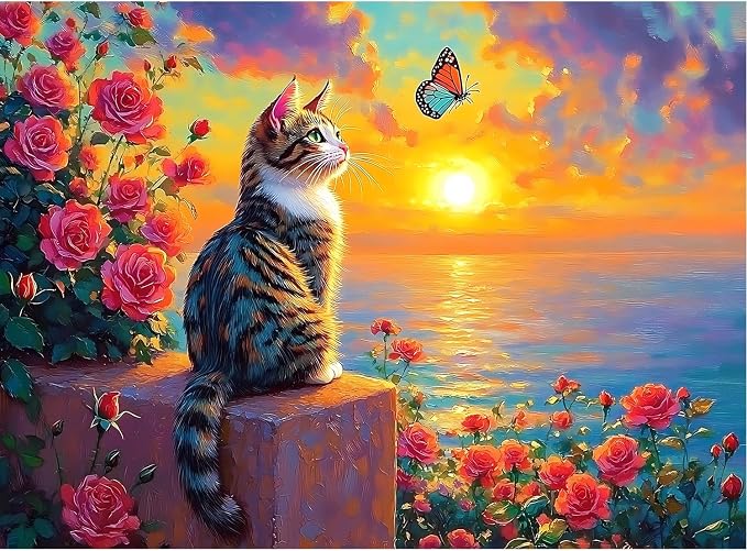 500 Piece Puzzle for Adults – Cat Sunset Jigsaw Puzzles 500 Pieces with Flowers & Butterfly, Colorful Art Puzzle for Adults & Seniors, Relaxing Adult Puzzles, 20.5 x 15 in