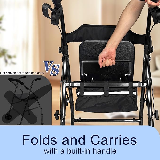 Foldable Rollator Walker with Seat for Seniors, All-Terrain Wheels, 350lb Capacity, Reinforced Inner Metal Rod for Easy Folding & One-Hand Carry, Lightweight Rolling Walker - Black