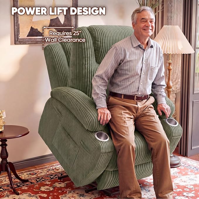 Flamaker Power Lift Recliner Chair Electric Lift Recliner for Elderly | Power Lift Recliner Chair with Cup Holders Side Pockets for Living Room (Corduroy, Green)