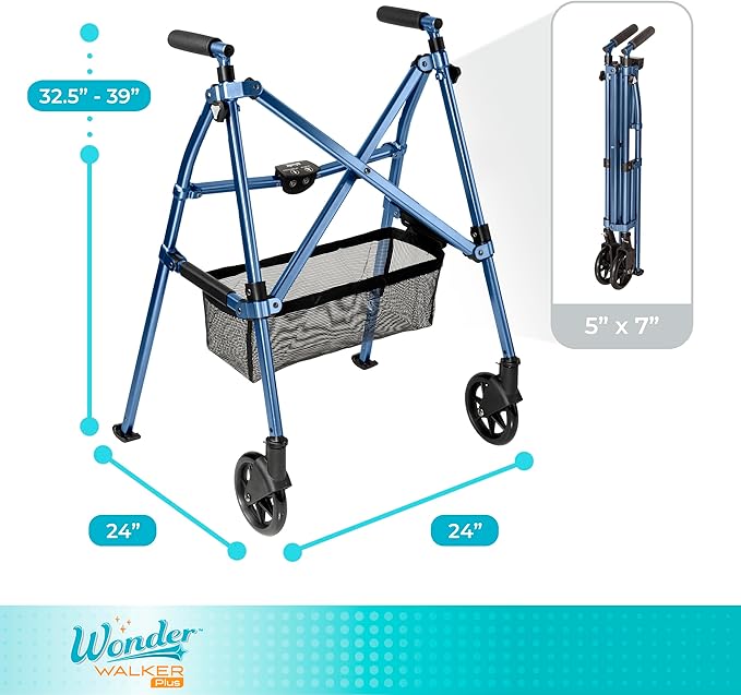 Stander Wonder Walker Plus, Lightweight Folding Mobility Aid for Adults, Seniors, and Elderly, Collapsible Travel EZ Fold-N-Go with Wheels, Glides, & Basket, Cobalt Blue