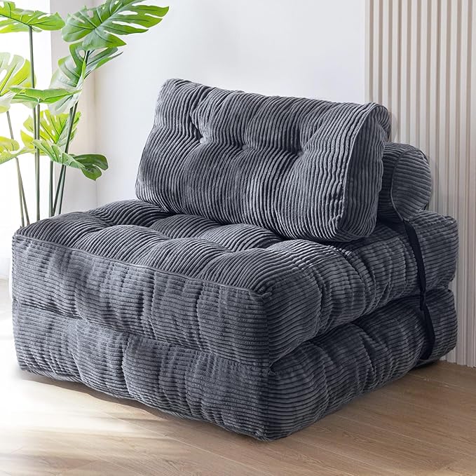 MAXYOYO Folding Sofa Bed, Convertible Sleeper Chair with Pillow Foldable Mattress with Back Support, Portable Fold Out Chair Bed Comfy Floor Sofa Lounge for Living Room Bedroom, Dark Grey, Single