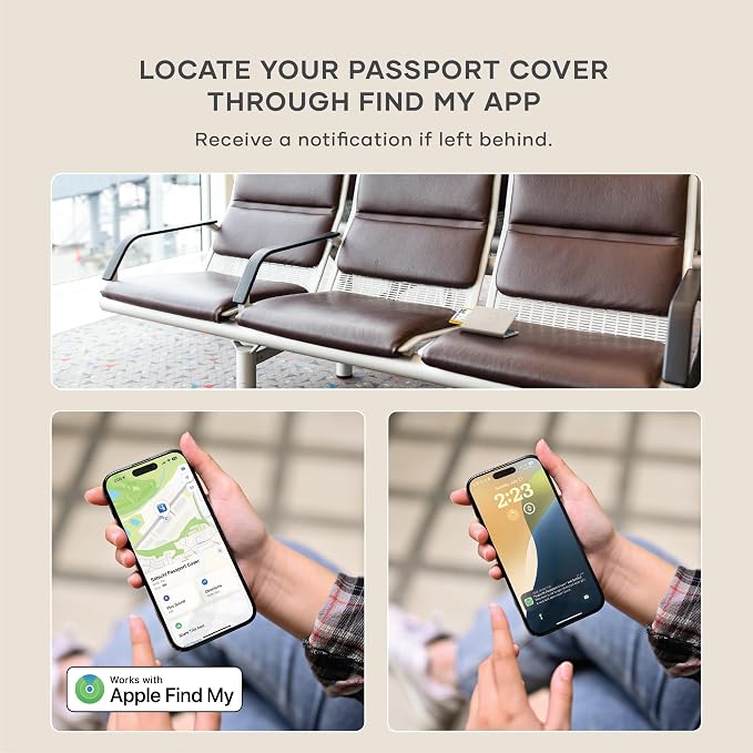 Satechi Passport Holder with Find My Tracking, 4-Slot Card Wallet, Sand | 4-slot card wallet, wireless charging, RFID protection, vegan leather