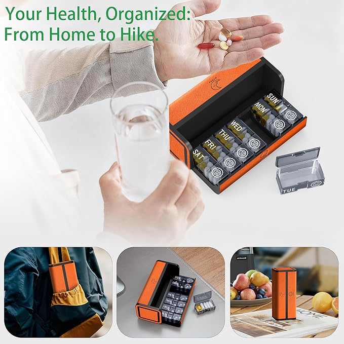 Large 7-Day Pill Organizer | PU Leather Travel Case with Discreet & Aesthetic Design | Detachable, Compact Pill Box for Vitamins & Medicine (Orange)